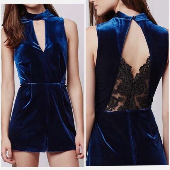 Topshop Black Crushed Velvet & Lace Romper Size 4 - Picture 1 of 8